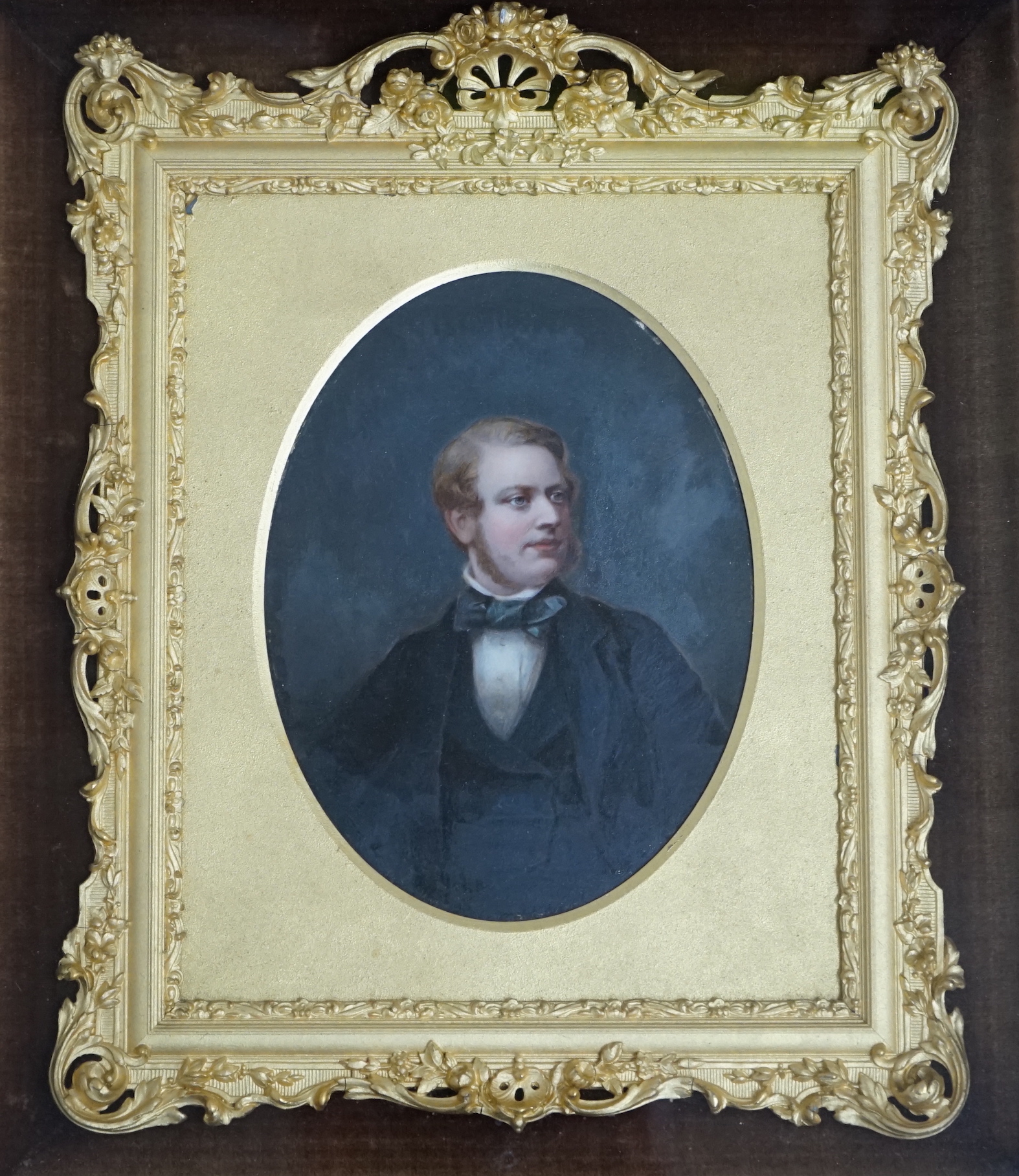 Victorian School, oil on board, Portrait of a gentleman, housed in a gilt display frame, 15 x 11cm